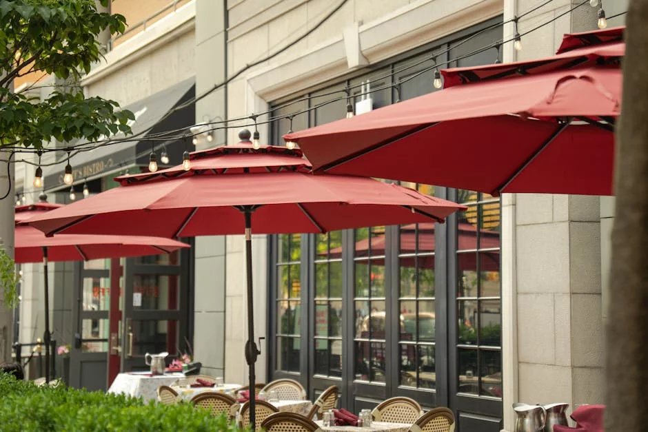 outdoor restaurant patio with string lights